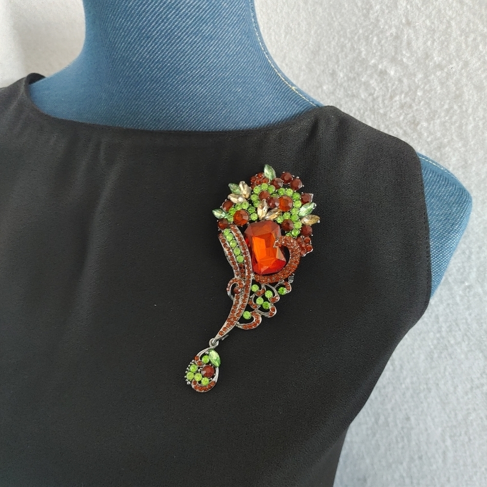 Statement Orange and Green Crystal Brooch Pin Pendant